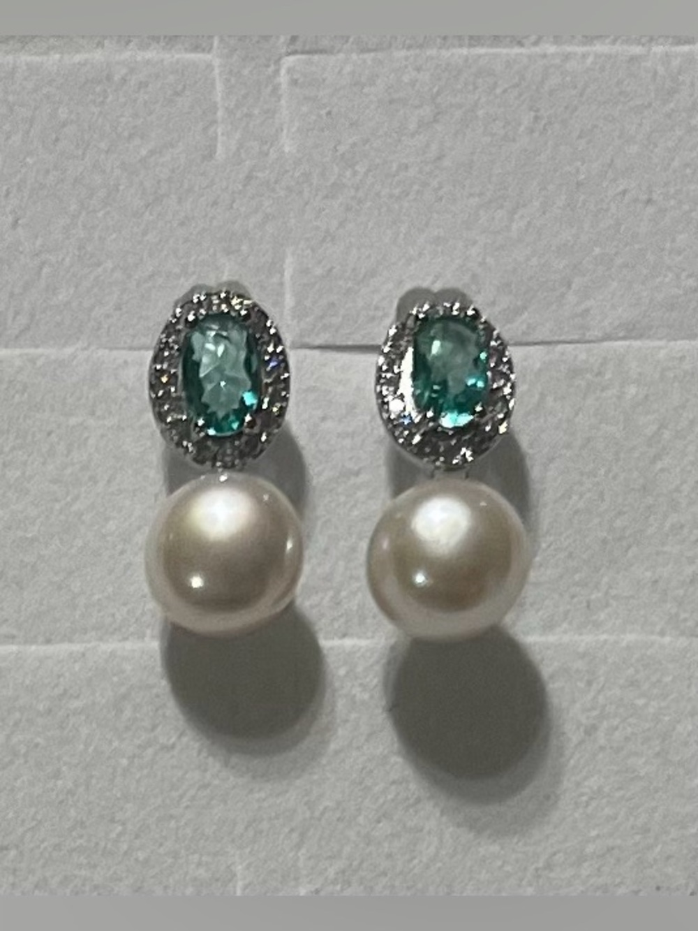 Pearl Drop Earrings with Teal Crystal Halo